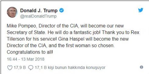 ABŞ çalxalanır! Tillersonu qovdular - Mərkəzi Kəşfiyyatın yeni şefi ilk dəfə qadın olacaq